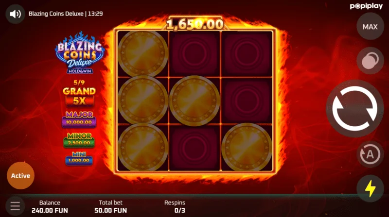 Blazing Coins Deluxe respin game screen